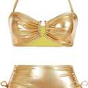 MakeMeChic Women's 2 Piece Bikini Sets Metallic High Waisted Ruched Halter Tie Side Swim Bathing Suit (Medium, Gold)