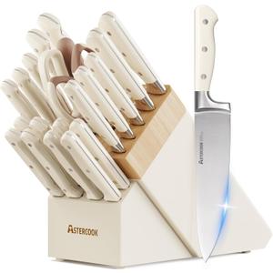 Knife Set,Astercook Kitchen Knife Set with Block 22-Piece Full Tang Stainless Steel Knives with Sharpener Dishwasher Safe and Anti-Slip Ergonomic Handle Elegant Cream White Utensils Set