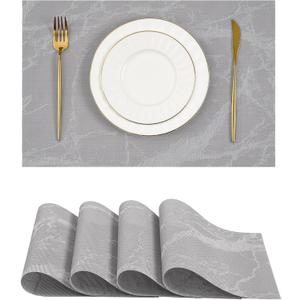 Leetaltree Reversible Marble Placemats Set of 4  Ships Flat and Stays Flat, Durable Washable Vinyl PVC Placemats, Heat Resistant, Easy Wipe Clean (Gray Marble Pattern)