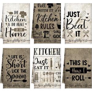 Bencailor 6 Pcs Simple Words Kitchen Towels Decorative Sets Dish Towels Absorbent Fast Drying Hand Tea Vintage Hanging Reusable Cleaning Dishcloths for Cooking Farmhouse Bathroom Accessory