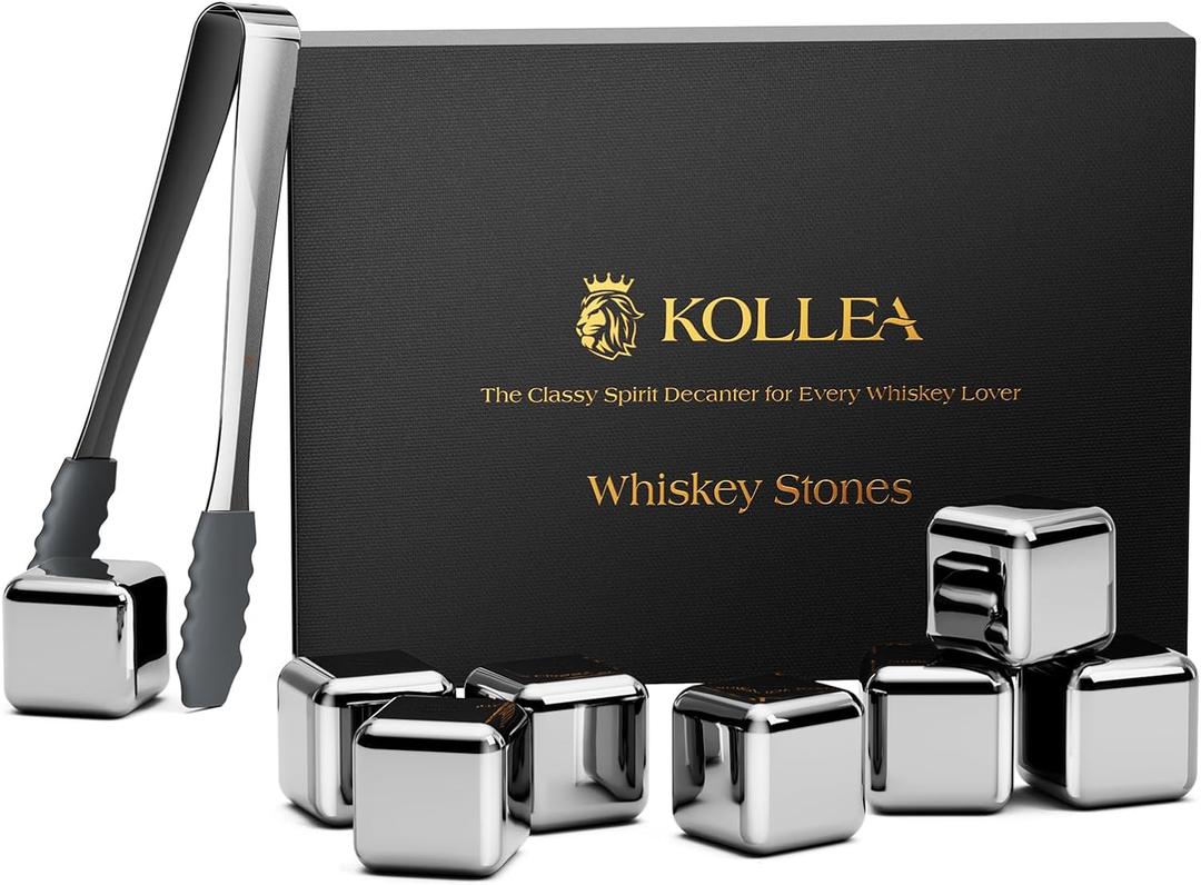 Kollea Whiskey Stones, 8 Packs Stainless Steel Whiskey Chilling Rocks, Reusable Ice Cube for Drinking, Cool Birthday Gift for Men Dad, Boyfriend, Beer Lover, Bourbon, Scotch, Gin, Beverage, New Year