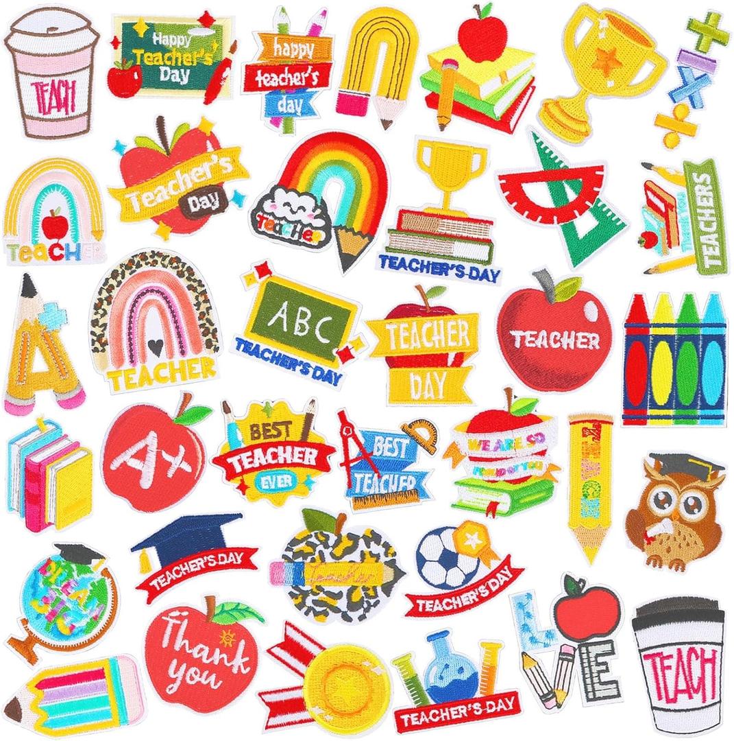 AUGSUN 36pcs Teacher Iron on Patches Graduation Teacher Appreciation Embroidered Sew Applique Repair Patch Back to School for Teacher Student Clothing Dress Backpack Hat Decorations