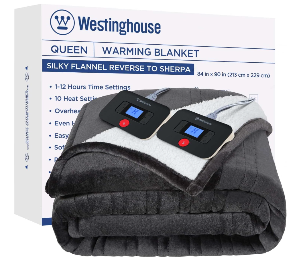 Westinghouse Electric Blanket Queen, Heated Blanket Queen Size with 10 Heating Levels and 1 to 12 Hours Heating Time Settings, Flannel to Sherpa Reversible, Machine Washable (84" x 90", Charcoal)