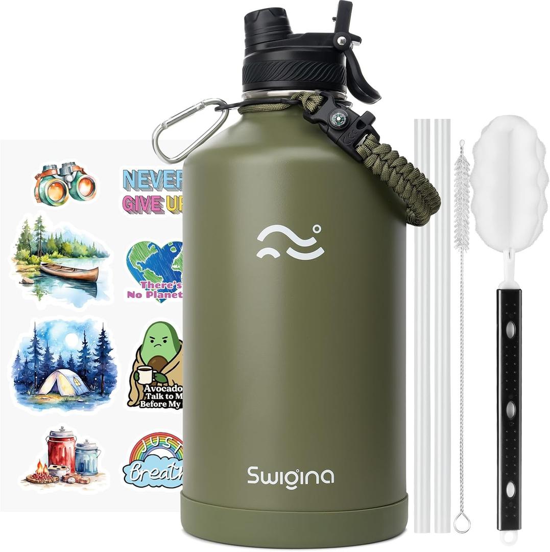 Swigina [2IN1 LID] Gallon Insulated Water Bottle with Silicone Boot (48hrs Cold/24hrs Hot)  DIY Stickers, Leakproof, BPA Free, 128 oz