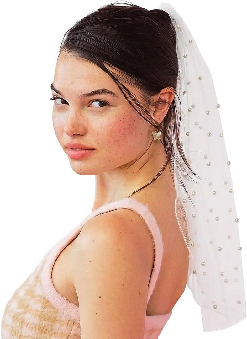 xo, Fetti Bachelorette Party Pearl Bridal Veil | Headband Decorations, Bride To Be Gift, Wedding (White)