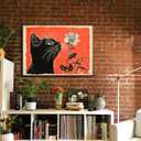 Framed Vintage Black Cat Canvas Wall Art Cat Wall Decor Pictures black cat curiously sniffing a delicate flower Posters Prints for Living Room Dining Room Bedroom Bathroom Home decoration 16x24in