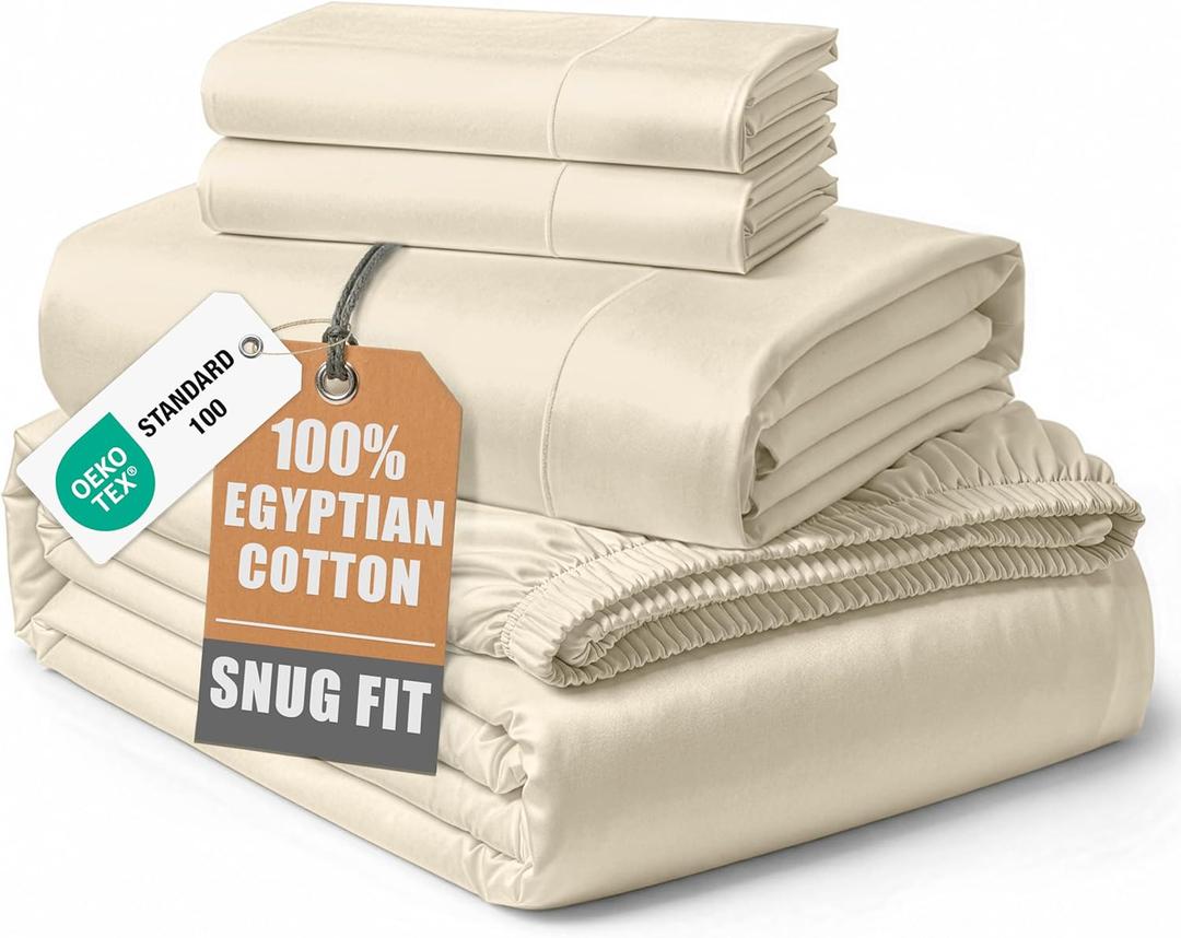 100% Egyptian Cotton Queen Size Bed Sheet set - Naturally Breathable & Durable Winter Comfort Queen Bed Sheets Set, Ultra-Soft Hotel Luxury Comfort with 15" Deep Pocket, Silky Sateen Weave - Ivory