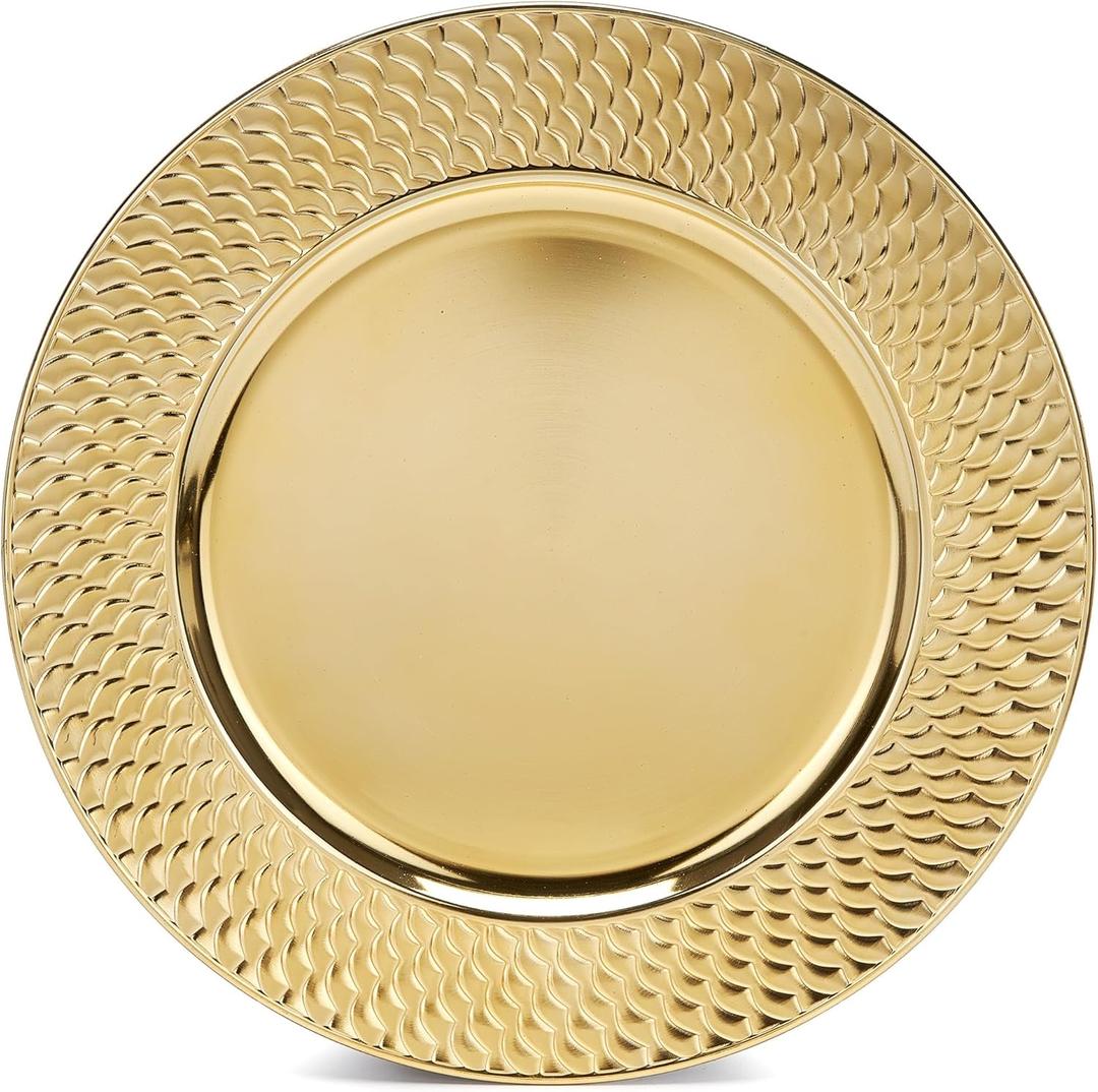 13 Inch Charger Plates Bulk Set, Reusable Round Gold Plastic Chargers for Dinner Plates, Formal and Casual Table Chargers for Bachelor Party Picnic (Waffle Gold, 12 PCS)