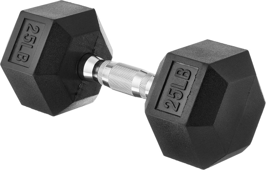 Amazon Basics Rubber Hex Dumbbell Weight with Comfortable Grip, Hexagon-Shape Prevents Rolling, Cast-Iron Core for Home Gym Workouts, 25 Pounds, Single, Black