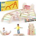 COSYLAND Pikler Triangle Set 8 in 1 - Adjustable 3-Level Montessori Climbing Toys for Toddlers 18M-6Y, Foldable Wooden Indoor Jungle Gym & Playground with Train Toy & Gift Box, Warm Tones (Large)