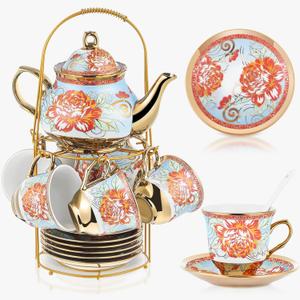 Zhehao Porcelain Tea Set with Metal Holder and Spoon Adult Ceramic Tea Set European Flower Painting Teapot Cup Saucer Spoon for Women Mom Gift, Large Version(Retro Style,20 Pcs)