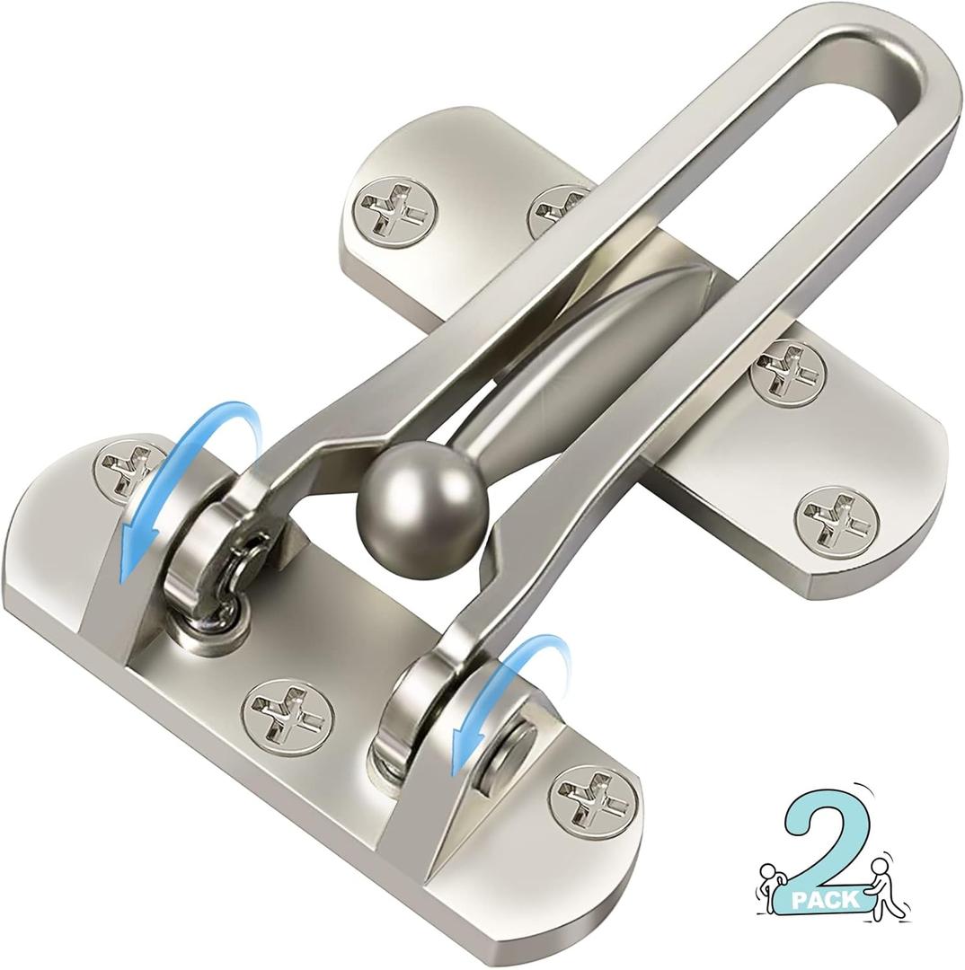 Door Lock Latch for Home Security - 2 Swing Bar Door Guard for Front and Inside Door, Safety Childproof Reinforcement Door Stopper for Kids Home Hotel Apartment, Thicken Aluminium Alloy Satin Nickel