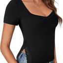 Rooscier Women's Sweetheart Neck Ruched Lace Slit Short Sleeve Sexy Going Out T Shirt Tops (Black)