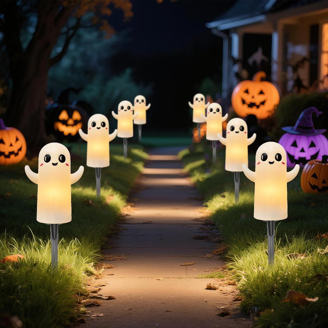 Halloween Pathway Lights, Halloween Stake Ghost Lights Built-in 4 C7 LED Bulbs for Halloween Holiday Outdoor Yard Garden Walkway Driveway Decor, 7Ft 4PK