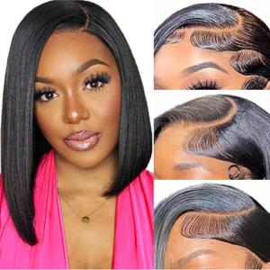 Bob Wig Human Hair 13x4 Frontal Lace Wig Short Straight HD Lace Front Bob Wigs for Black Women Human Hair Glueless Pre Plucked Hairline with Baby Hair 180% Density (12 Inch, Natural Black