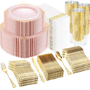 YOUBET 700PCS Pink Plastic Plates - Pink and Gold Plates - Luxury Pinks Plastic Dinnerware Set Include 200 Pinks Disposable Plates, 300 Heavy Duty Silverware, 100 Cups, 100 Napkins for Wedding & Party