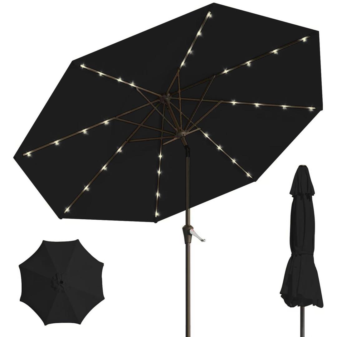Patiokingdom 9FT Solar LED Patio Umbrella with Tilt and Crank,Outdoor Market Table Umbrella with 8 Sturdy Ribs, UV Protection for Deck, Lawn,Pool,Backyard