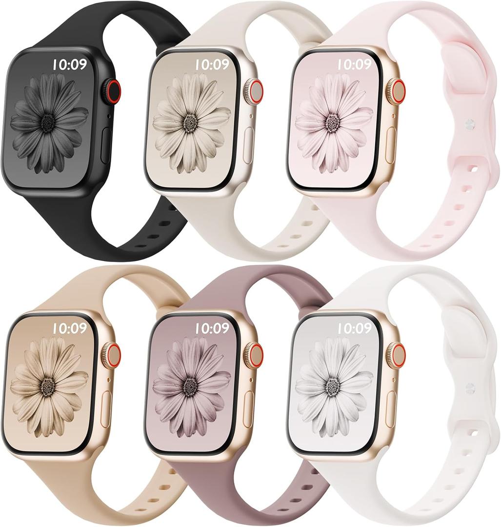 6 Pack Thin Bands Compatible with Apple Watch Band 38mm 40mm 41mm 42mm 44mm 45mm 46mm 49mm Women Men, Sport Silicone Strap Slim Wristband for iWatch Series 11 10 9 8 SE 7 6 5 4 3 2 1 Ultra (Black/Starlight/Sand Pink/Milk Tea/Smoke Violet/Light Blush)