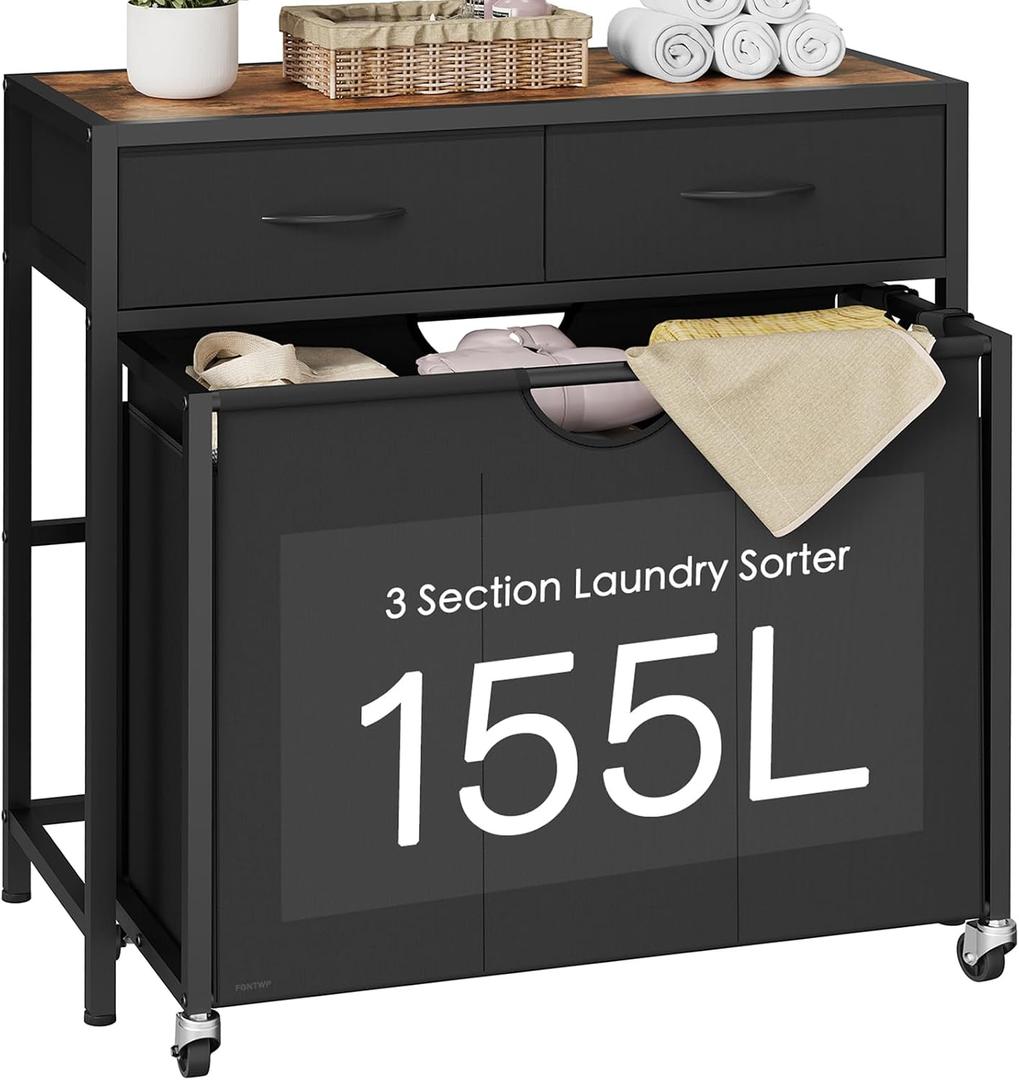Laundry Sorter 3 Section with Tabletop & 2 Drawers, Rolling Laundry Hamper with Pull-Out and Removable Bags, Laundry Basket Organizer with Wheels and Shelf, Metal Frame Rustic Brown for Laundry Room, 155 L