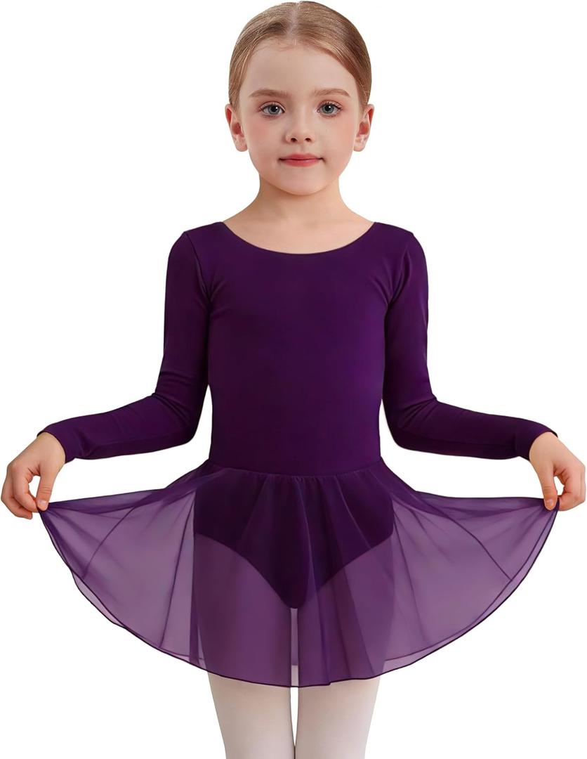 MdnMd Toddler Girls Long Sleeve Ballet Leotards Dresses Dance Skirt Ballerina Tutu Outfits