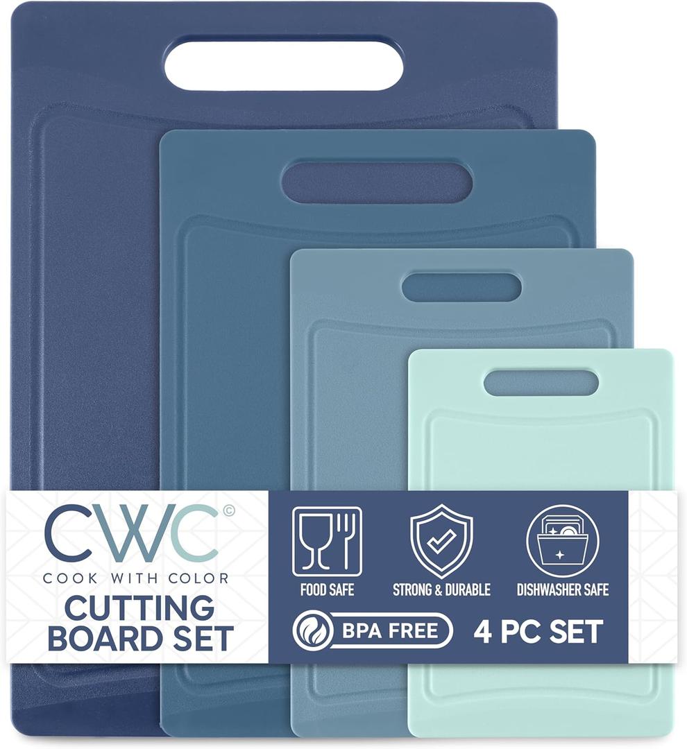 COOK WITH COLOR Non-Slip Cutting Board Set  Kitchen Essentials with Easy Grip Handle for Meat, Veggies, and Fruits, 4 Cutting Boards, Blue-New