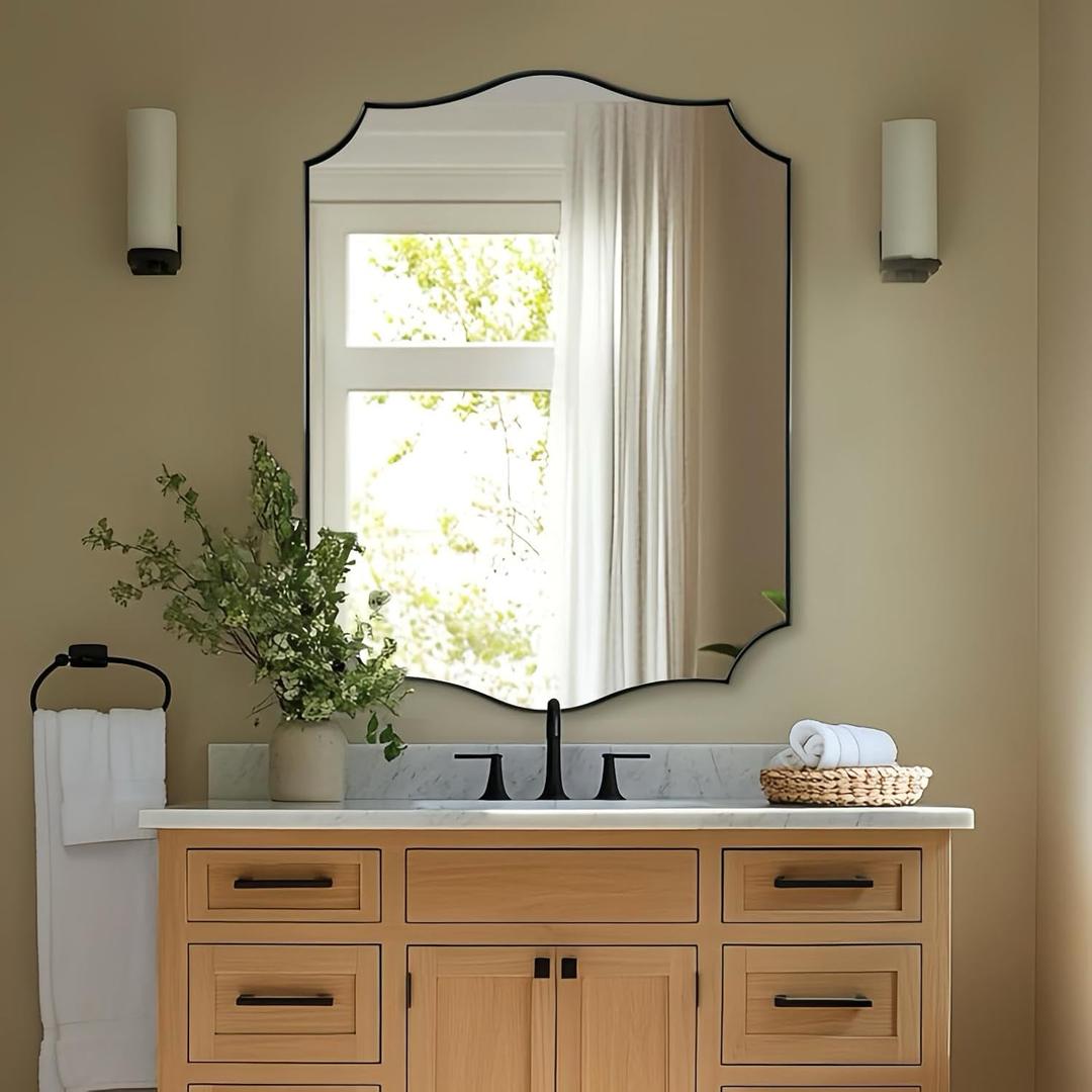 ANDY STAR 30x40 Inch Matte Black Mirror, Large Asymmetrical Wall Mirror in Premium Stainless Steel Metal Thin Frame Deep 1, Modern Rectangle Mirror with Unique Wavy Design Ideal for Home Decor