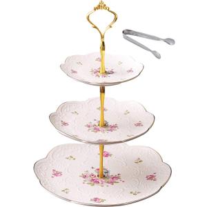 Jusalpha Elegant Embossed 3-tier Ceramic Cake Stand- Cupcake Stand- Tea Party Pastry Serving Platter in Gift Box and a Free Sugar Tong (FL-Stand 03)