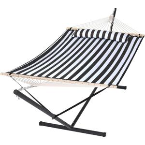 SUNCREAT Two Person Hammock with 12ft Stand Included, Max 475lbs Capacity, Heavy Duty Free Standing Hammock, Black Stripes
