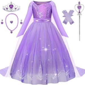 Princess Dress for Girls Purple Princess Dress Up Clothes with Accessories Halloween Snow Queen Party Cosplay (4T/110)