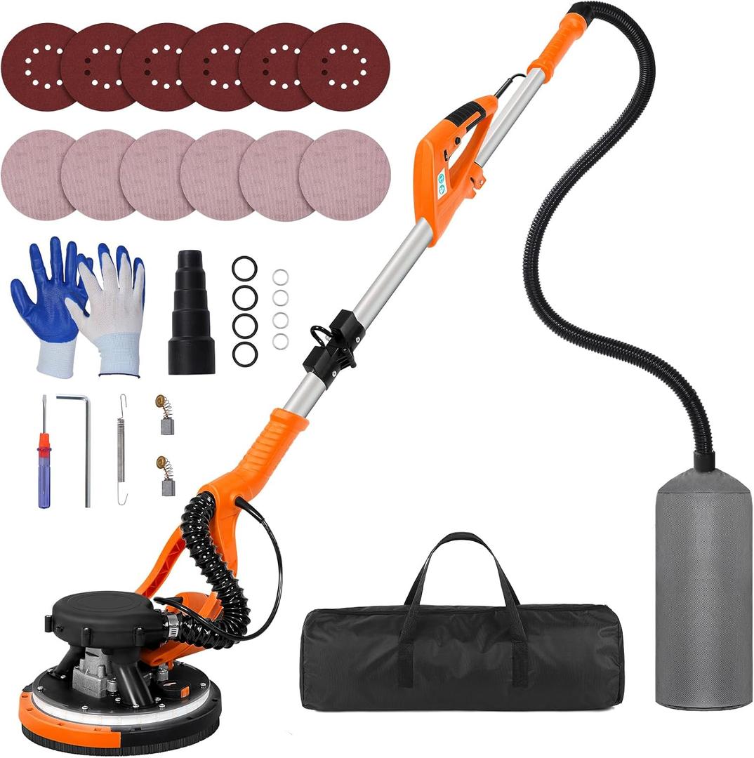 Drywall Sander Tool, KUPERIA 8.5 Amp Popcorn Ceiling Removal Tool with 7 Variable Speed 800-1800RPM,Electric Drywall Sander with Extendable Handle,LED Light,6 Basic Sand Paper& 6 Grid Sandpaper,Orange