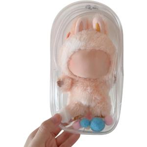2 x Protective Case for Labubu with Keychain,Carrying bag Compatible with 15/17cm Plush dolls,Clear Travel Storage Box & Display Cover for Collectible Figures (17CM-B)