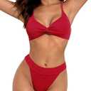 ZAFUL Women Bikini Sets Criss Cross Back Bathing Suit Knot Front Two Piece Swimwear Thong Cheeky Swimsuit Set (Small, Red)