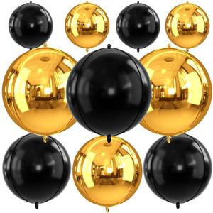 Gold and Black Round Foil Balloons, 22" 18" 15" 4D Helium Balloon, Metallic Gold Black Foil Baloon for Graduation Birthday Wedding New Year 2026 Game Theme Party Decorations