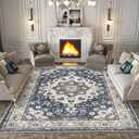 Washable Living Room Area Rug - 8 x 10 Stain Resistant Medallion Soft Bedroom Rugs Distressed Design Non Shedding Carpet for Indoor Outdoor Floor Coverings (8x10 Blue)