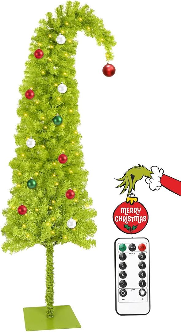 HMASYO 6ft Whimsical Artificial Christmas Tree with 150 LED Timer Lights, Lime Green Bendable Christmas Tree with Ball Ornaments & Metal Base Holiday Decor for Home, Office, Party, Easy Assembly