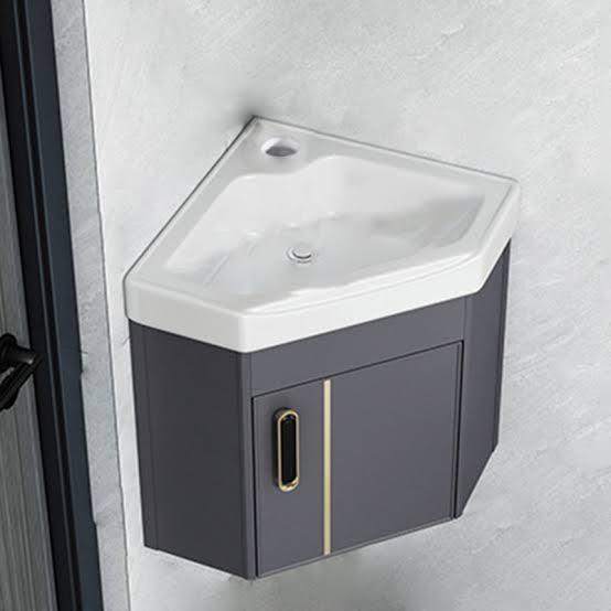 Hiliveshome 15 Inch Wall Mounted Triangular Corner Bathroom Vanity with Sink and Faucet, Floating Ceramic Basin Storage Cabinet for Small Bathroom, Space Aluminum, Gray