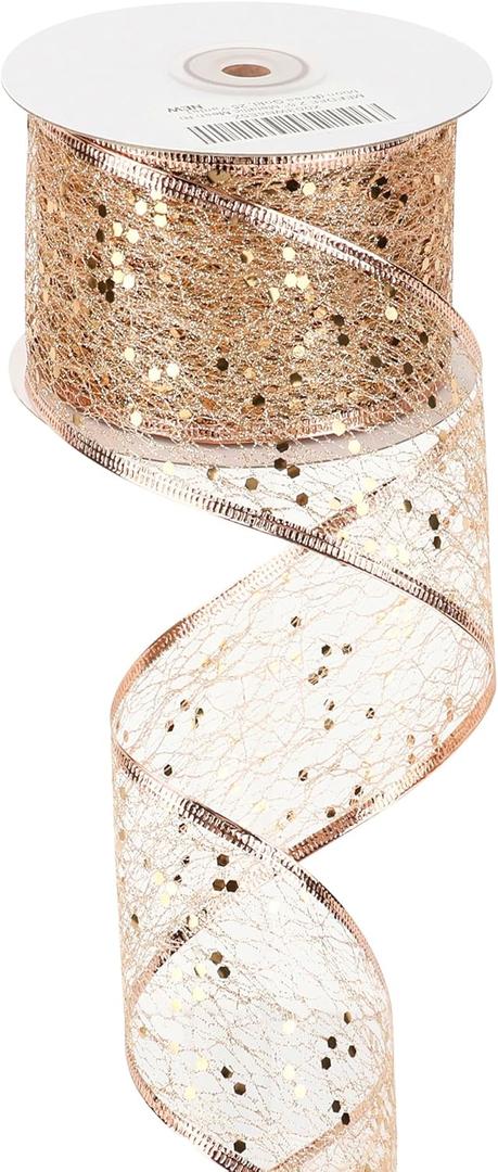 MEEDEE Rose Gold Glitter Ribbon 2.5 Inch Wire Mesh Ribbons with Sparkle Christmas Metallic Ribbons Rose Gold Ribbon for Christmas Tree Decoration, Wreath Bow Making (25 Yards)