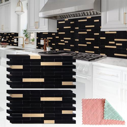 StyloVue 5  Sheets Peel and Stick Tile Backsplash, Black with Metal Gold Look Stick on Tile Upgrade Your Kitchen Backsplash, RV, Fireplace