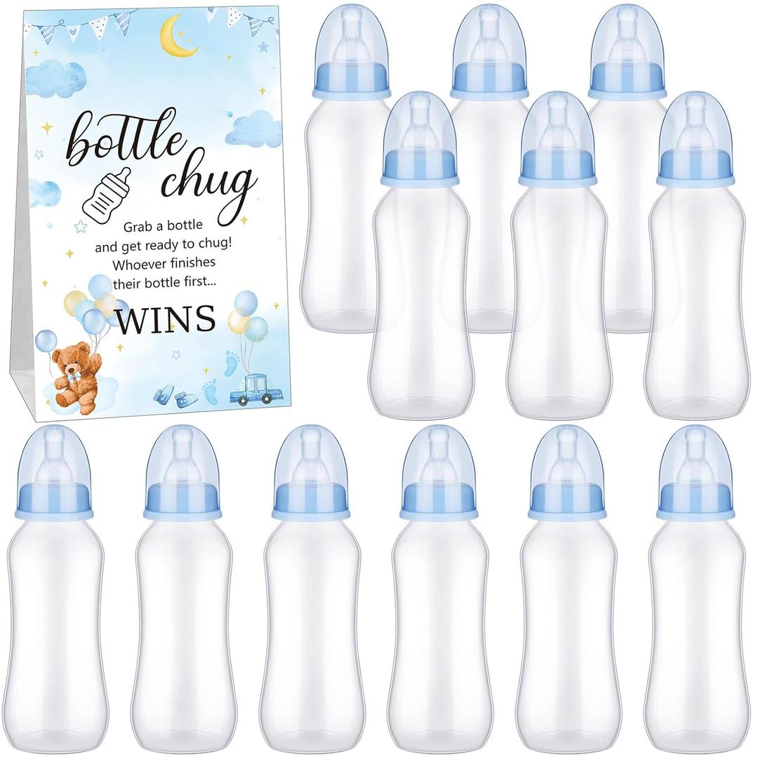 TrelaCo Cool Baby Shower Games Sets 12 Pcs Feeding Bottles with 1 Bottle Chug Sign for Gender Reveal Baby Shower Party Favors Decoration Games(Bear,Blue)