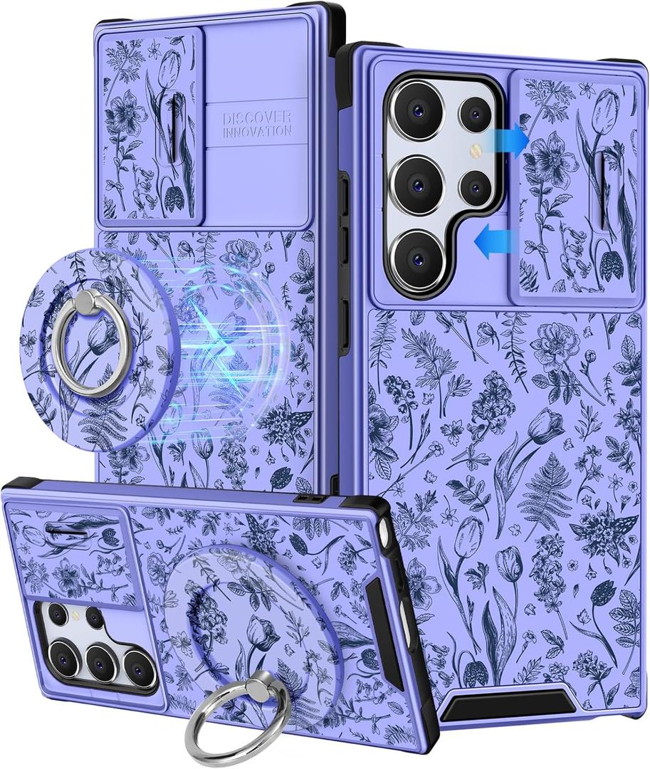 Buleens for Samsung Galaxy S25 Ultra Case - with Ring Stand & Camera Cover Aesthetic Cute Designed for Women Girls Kawaii Flowers Floral Girly for Samsung S25 Ultra Phone Case Compatible with Magsafe