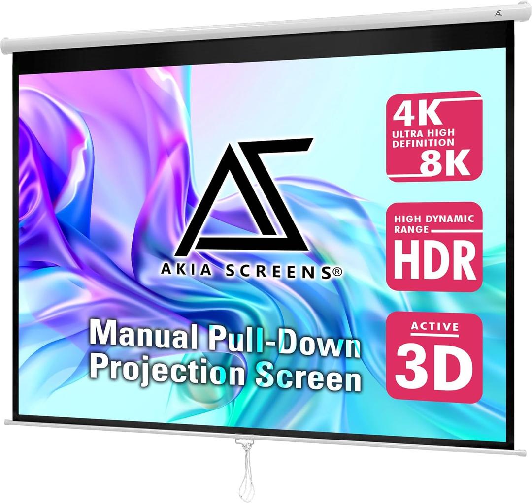 Akia Screens 110-Inch Retractable Projector Screen, Manual Pull Down, 4:3 Aspect Ratio, 8K/4K/HD/3D Compatible, White, Ceiling or Wall Mount, for Home Theater & Office  Model AK-M110V1