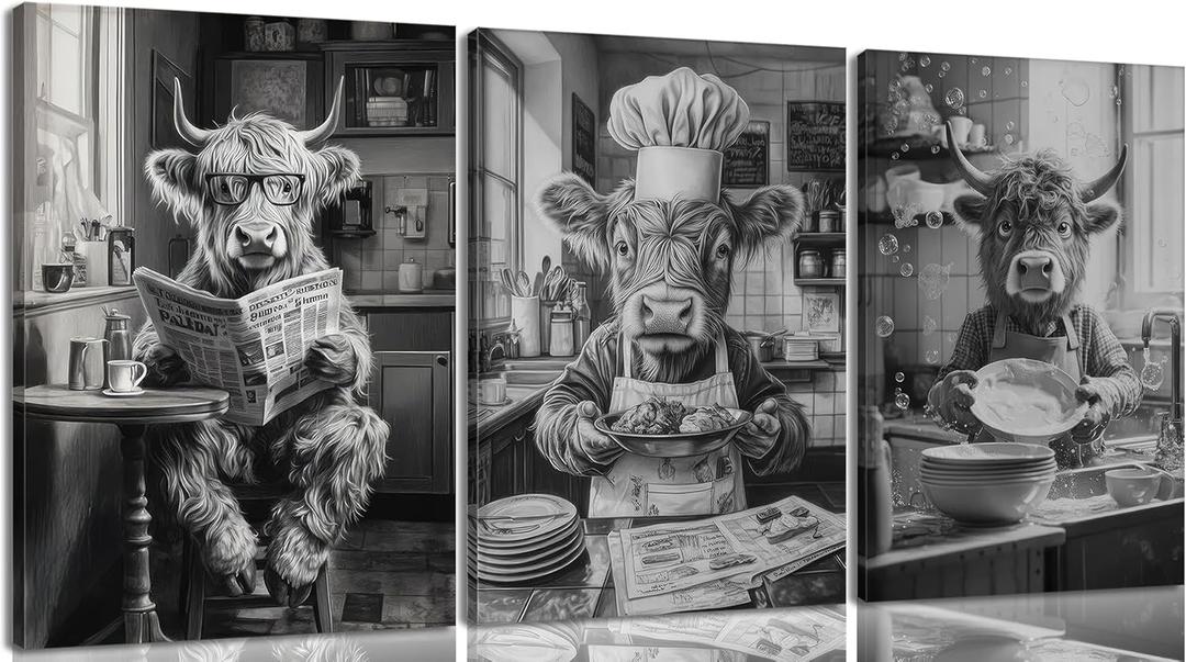 Highland Cow Kitchen Wall Art Funny Cow Cooking Canvas Painting Black And White Highland Cattle Posters Prints Vintage Farmhouse Animals Pictures Wall Decor for Bar Kitchen Dining Room Framed