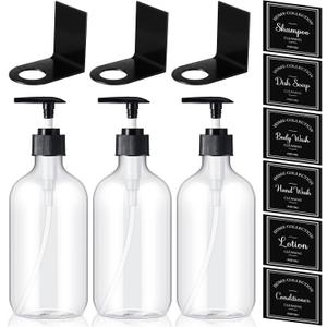 3 Sets Shampoo Dispenser for Shower Wall, Empty Shampoo and Conditioner Dispenser Refillable Shower Dispenser 3 Chamber No Drill 17oz with 3 Hook Brackets 6 Label Sticker for Bathroom Wall(Clear)