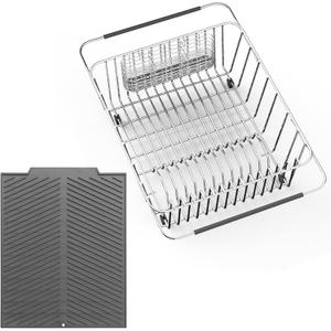 Dish Rack in Sink, Expandable Over The Sink Dish Drying Rack with Utensil Holder and Silicone Drainage pad (Large + 16" Silicone pad)