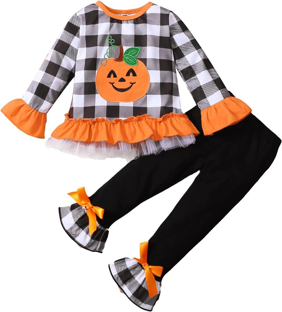 1-6T Toddler Girl Halloween Clothes Set Plaid Pumpkin T-Shirts Tees Pullover Shirts Tops+Flare Pants Outfit Set (Black,   2-3T )