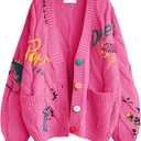 Women's Cable Knit Long Sleeve Open Front Cardigan Sheep V-Neck Button Down Embroidery Wool Blend Sweater Coat Outwear (Medium, Rose Red)
