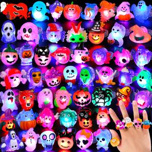50 Pcs Halloween Treats Light Up Rings Toys Bulk 3D LED Flashing Glow In The Dark Rings Party Supplies Prizes Non Candy Treats Halloween Party Favors Gifts Toys Kids Adults Goodie Bag Stuffers