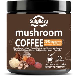 Suiyilary 10 Mushroom Coffee with Arabica w, Lion's Mane, Reishi, Mushroom Polysaccharides & More, Instant Mushrooms Powder for Focus, Immunity Boost, Memory & Clarity - 30 Servings