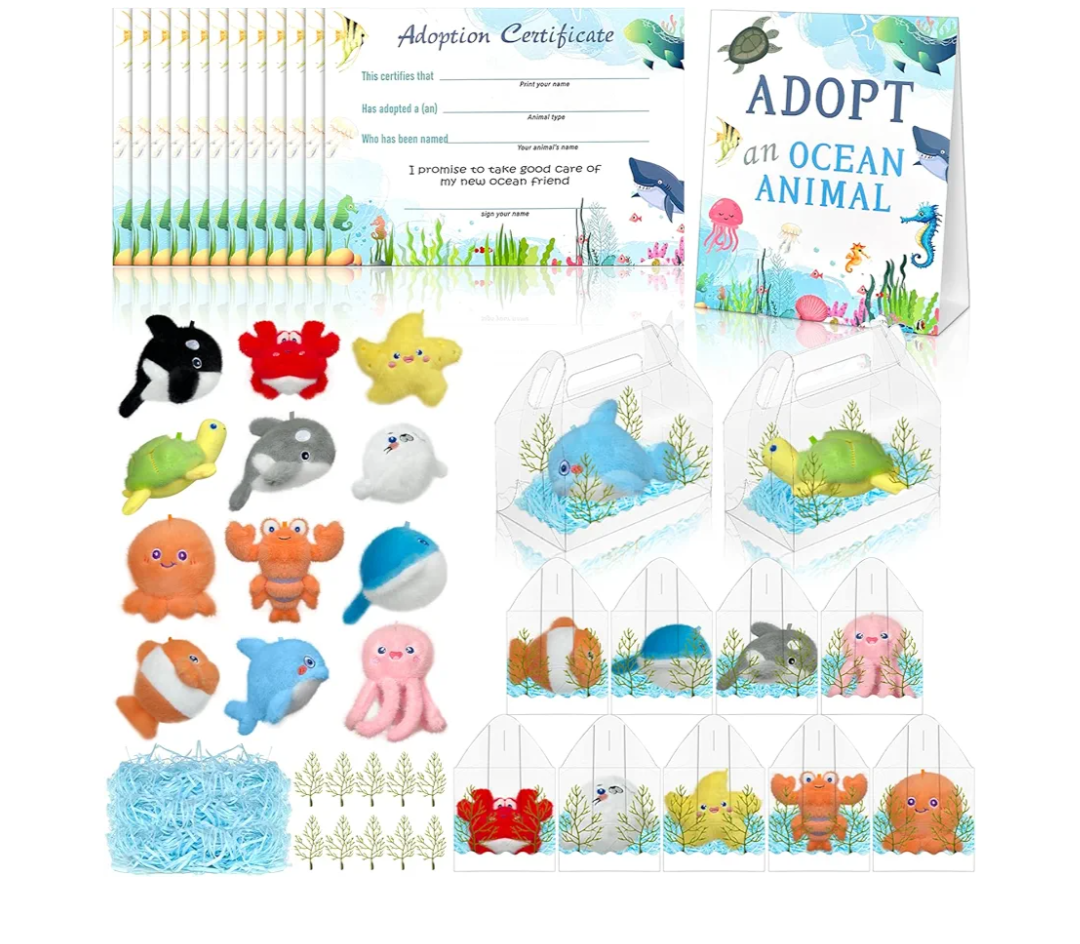 85 Pcs Adopt an Ocean Animal Party Favors Includes 12 Plush Sea Animals 12 Clear Favor Boxes 12 Adoption Cards 1 Adoption Sign Blue Raffia 48 Artificial Water Plants for Kids Sea Animal Adopt Party