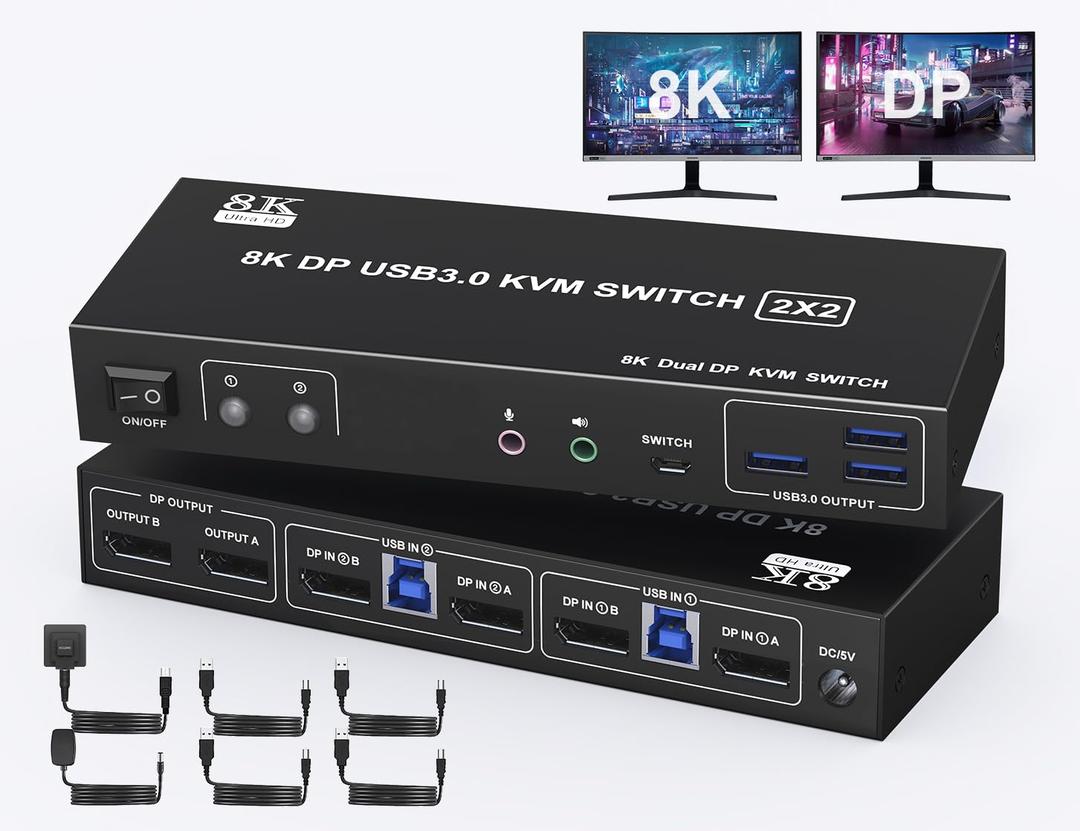 Displayport KVM Switch 2 Monitors 2 Computers with Audio Jack - 8k@60HZ 4K@144Hz Dual Monitor Kvm Switch with 3 USB 3.0 Port Sharing Keyboard Mouse, Included Wired Remote 2 Cables Displayport Switch